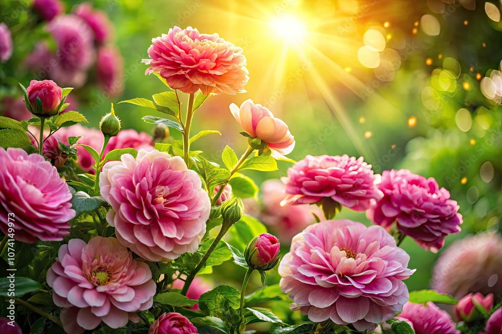 Fototapeta premium Surreal Blooming Paradise: Vibrant Pink Flowers and Lush Green Leaves in Soft Sunlight