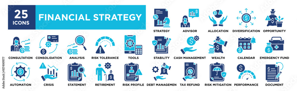 Financial Strategy icon collection set. Containing design strategy, financial, business, technology, growth, finance Financial Strategy icon collection set. Containing design strategy, financial, business, technology, growth, finance