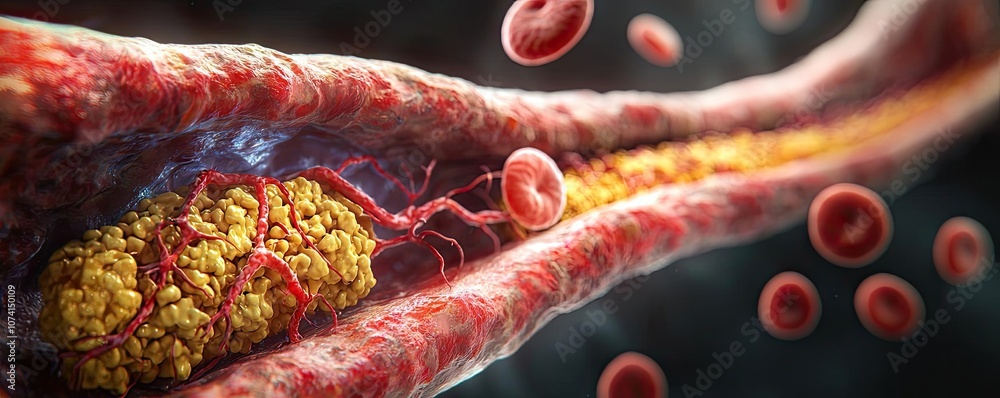 Poster Detailed illustration of a blood vessel showing cholesterol ...