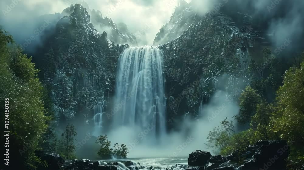 Majestic Waterfall in a Misty Mountain Valley Majestic Waterfall in a Misty Mountain Valley