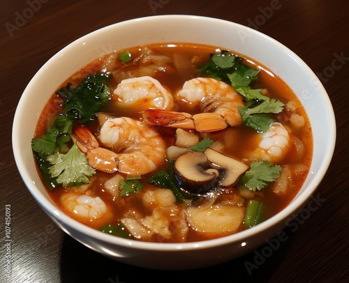 Delicious bowl of Tom Yum soup with shrimp, mushrooms and cilantro.