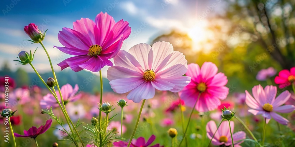 Stunning Portrait of Vibrant Cosmos Flowers Captured from Ground Level, Showcasing Their Colorful Petals and Natural Beauty in a Serene Garden Setting Stunning Portrait of Vibrant Cosmos Flowers Captured from Ground Level, Showcasing Their Colorful Petals and Natural Beauty in a Serene Garden Setting