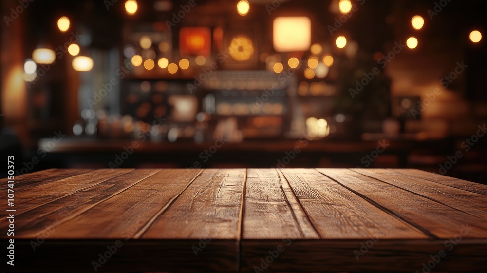 Empty wooden tabletop with a blurred golden bokeh background creating a warm cafe ambiance 3D rendering Empty wooden tabletop with a blurred golden bokeh background creating a warm cafe ambiance 3D rendering