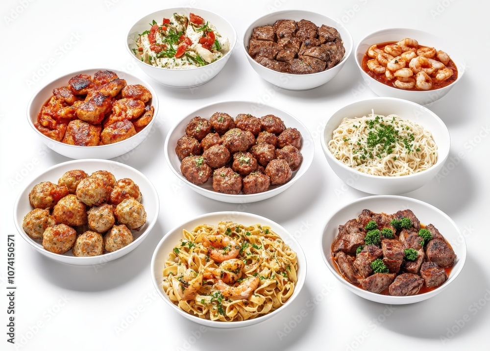 Variety of Italian food dishes on white background. Variety of Italian food dishes on white background.