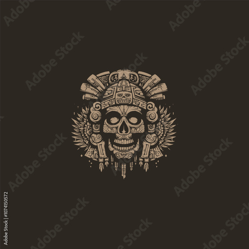 Mayan skull head totem style logo design vector vintage