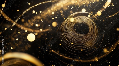 Gold Christmas elements featuring a universal design with circular and linear patterns on a shiny black background Abstract wedding themed visuals with a touch of elegance