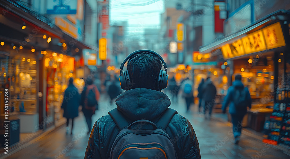 A person walking down a bustling city street wearing headphones, blending into the vibrant urban environment with blurred city lights and motion, capturing the essence of modern lifestyle, solitude, a A person walking down a bustling city street wearing headphones, blending into the vibrant urban environment with blurred city lights and motion, capturing the essence of modern lifestyle, solitude, a