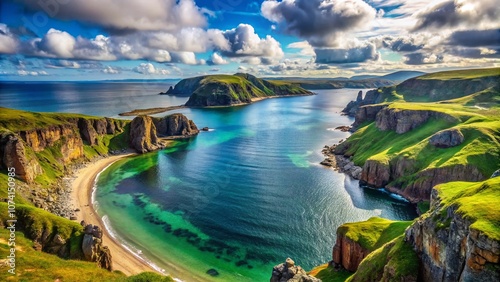 Stunning Shoreline Landscape of New Teriberka, Barents Sea Bay, Kola Peninsula, Russia, Featuring Dramatic Cliffs, Crystal Clear Waters, and Lush Greenery Under a Vibrant Sky