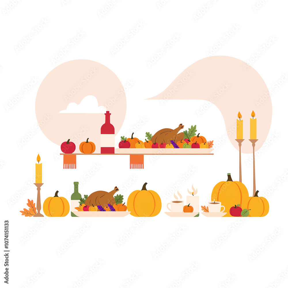 Fototapeta premium Happy people sitting at table, eating holiday meals, drinking wine and talking to each other. Family Christmas or Thanksgiving dinner or supper. Colorful vector illustration in flat cartoon style. 