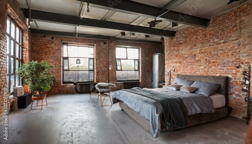 Industrial Loft Bedroom with Exposed Brick, Concrete Flooring, and Steel Bed Frame