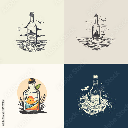 Bottle in the middle of the sea logo design vector