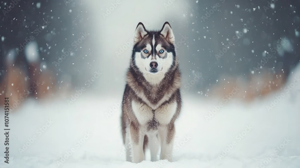 A siberian husky stands proudly in a snowy landscape amidst falling snowflakes A siberian husky stands proudly in a snowy landscape amidst falling snowflakes
