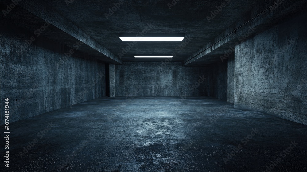 Empty interior of a dark basement room with concrete walls Architectural background in a 3D rendered image Empty interior of a dark basement room with concrete walls Architectural background in a 3D rendered image
