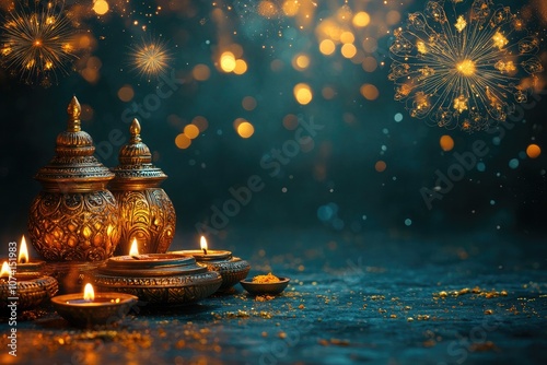 Diwali celebration scene with a rich emerald green background, decorated with intricate gold mandalas and sparkling fireworks bursting in the night sky photo