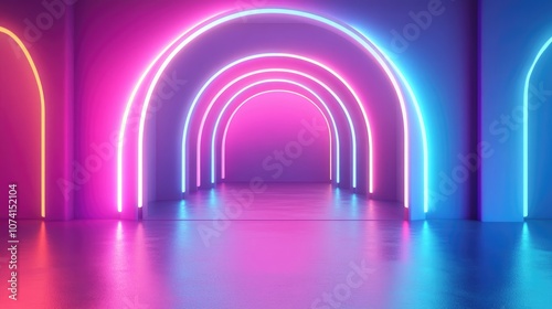 Futuristic abstract interior featuring glowing pink and blue neon tubes in a sci fi style 3D illustration and rendering