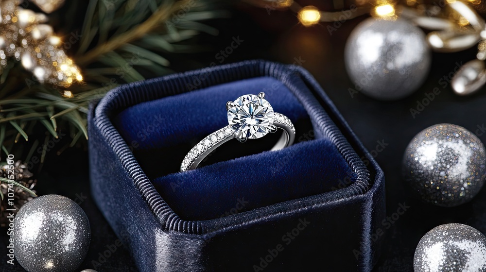 Elegant diamond engagement ring displayed in a luxurious navy blue velvet box, surrounded by festive holiday ornaments and subtle twinkling lights, perfect for romantic occasions. Elegant diamond engagement ring displayed in a luxurious navy blue velvet box, surrounded by festive holiday ornaments and subtle twinkling lights, perfect for romantic occasions.