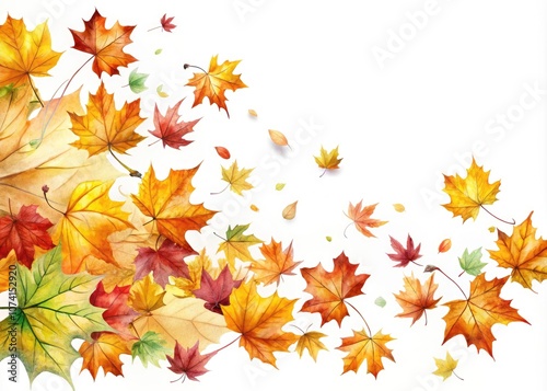 Vibrant Watercolor Autumn Leaves Blowing in the Wind on White Background, Perfect for Seasonal Decor and Artistic Projects