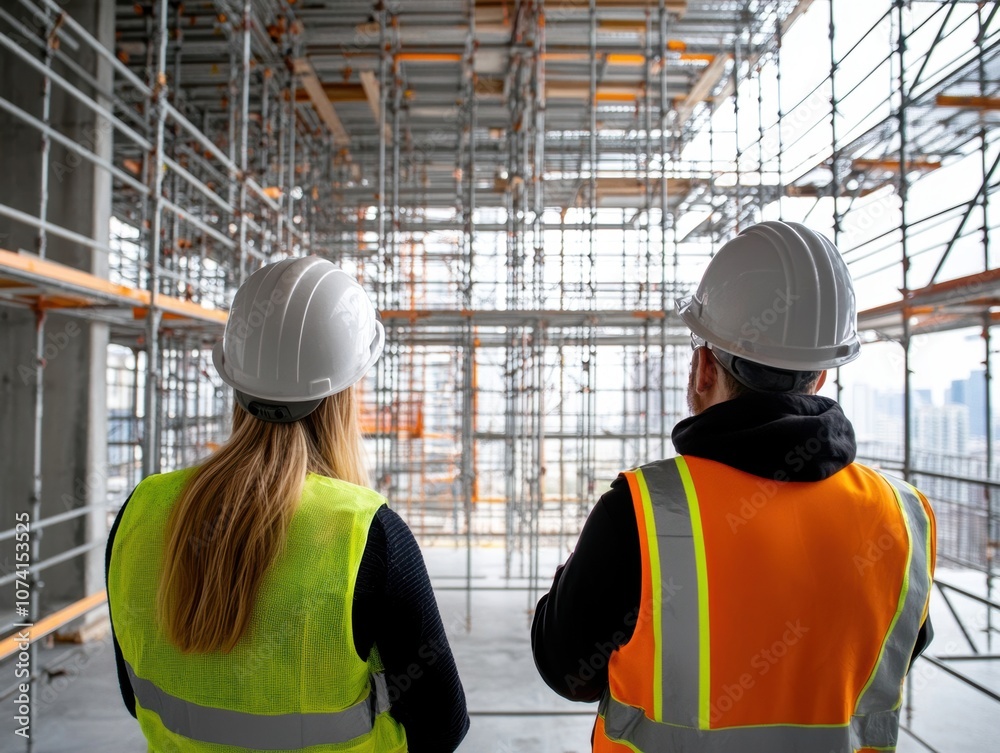 Two construction workers in safety gear, including helmets and reflective vests, observing the extensive scaffolding structure on a construction site. Two construction workers in safety gear, including helmets and reflective vests, observing the extensive scaffolding structure on a construction site.