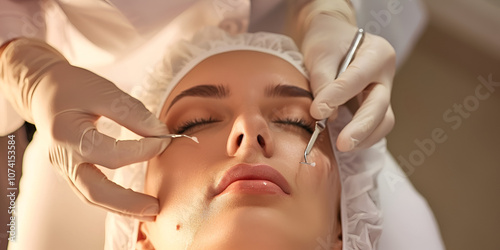 Aesthetician Performing Facial Extraction Procedure, Beauty Specialist Conducting Facial Cleansing Treatment
