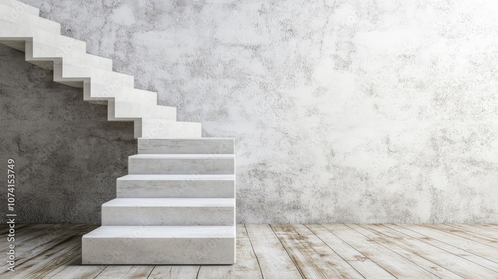 Conceptual white stone or concrete stairs against a wall complemented by a wooden floor symbolizing architecture success ascent business growth achievement and future potential Conceptual white stone or concrete stairs against a wall complemented by a wooden floor symbolizing architecture success ascent business growth achievement and future potential