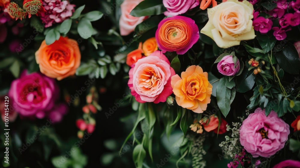 Floral backdrop with vibrant blooms and lush greenery Floral backdrop with vibrant blooms and lush greenery
