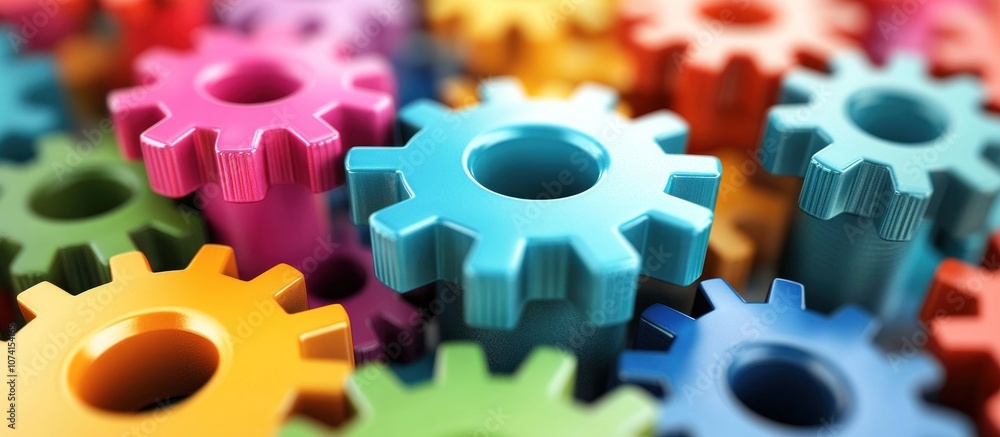Colorful gears interlocked together in a close up shot. Colorful gears interlocked together in a close up shot.