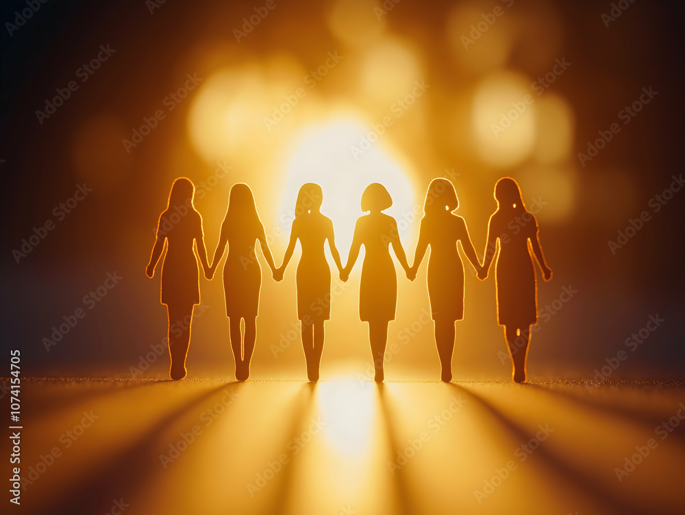 Fototapeta premium A group of six women holding hands, silhouetted against a warm sunset, embodying unity and companionship.