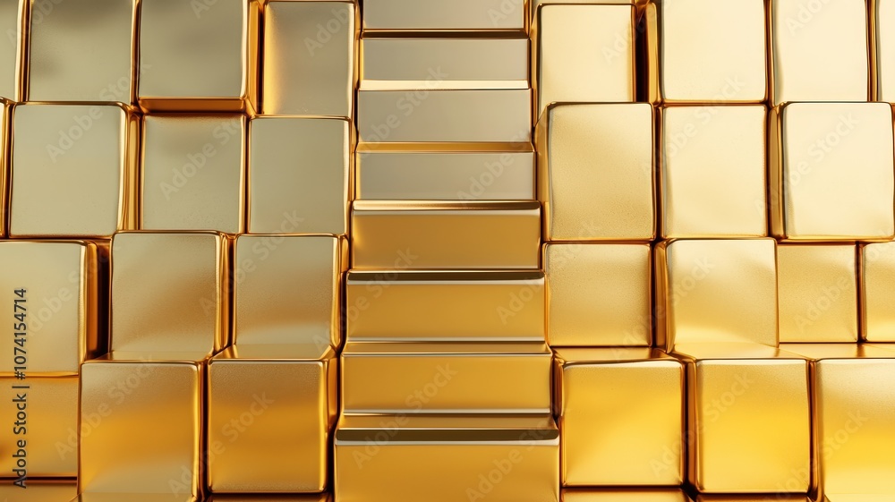 Naklejka premium A textured arrangement of shiny gold bars, with a gradient staircase of gold blocks leading upward, exuding wealth and opulence.