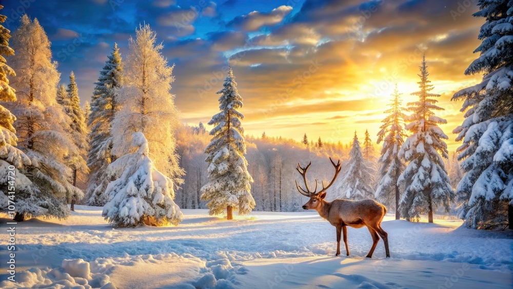 Serene Winter Landscape with Reindeer and Snow-Covered Trees in the Rule of Thirds Composition for Stunning Nature Backgrounds