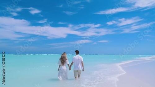 A couple walks hand-in-hand along a serene beach under a bright blue sky.