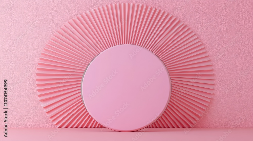 Obraz premium A mock pink circle designed for showcasing a product sample set against a pastel pink fan shaped background in 3D rendering