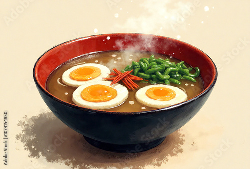 Steaming bowl of ramen with eggs and seaweed photo