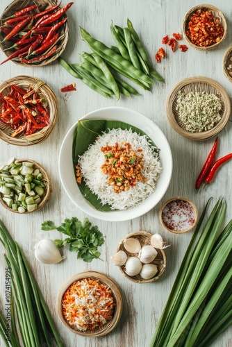 White rice with chili flakes served on a banana leaf, surrounded by various ingredients.