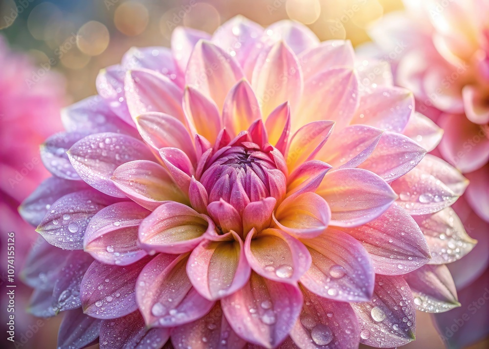 Stunning Long Exposure of a Close-Up Dew-Covered Pink Dahlia Flower with Vibrant Petals, Nature's Beauty, Floral Photography, Macro Shots, Colorful Blooms, and Morning Light Stunning Long Exposure of a Close-Up Dew-Covered Pink Dahlia Flower with Vibrant Petals, Nature's Beauty, Floral Photography, Macro Shots, Colorful Blooms, and Morning Light