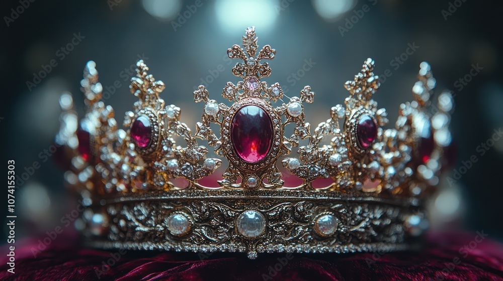 Fototapeta premium A golden crown with red gemstones and pearls on a red velvet cushion.