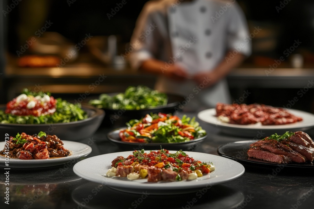 Obraz premium Gourmet food in a restaurant kitchen.