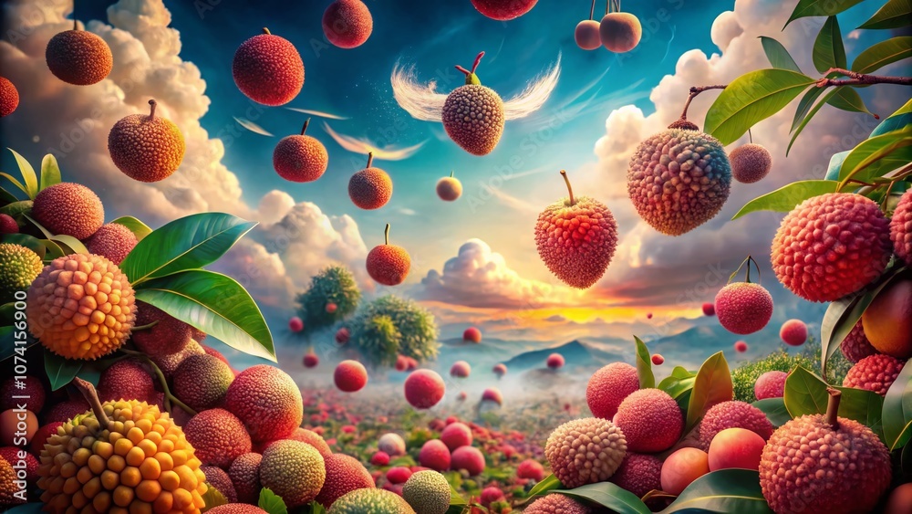 Surreal Dreamscape Featuring Litchi Fruit in a Whimsical Landscape with Floating Elements, Vivid Colors, and Intricate Textures Creating a Magical Atmosphere Surreal Dreamscape Featuring Litchi Fruit in a Whimsical Landscape with Floating Elements, Vivid Colors, and Intricate Textures Creating a Magical Atmosphere