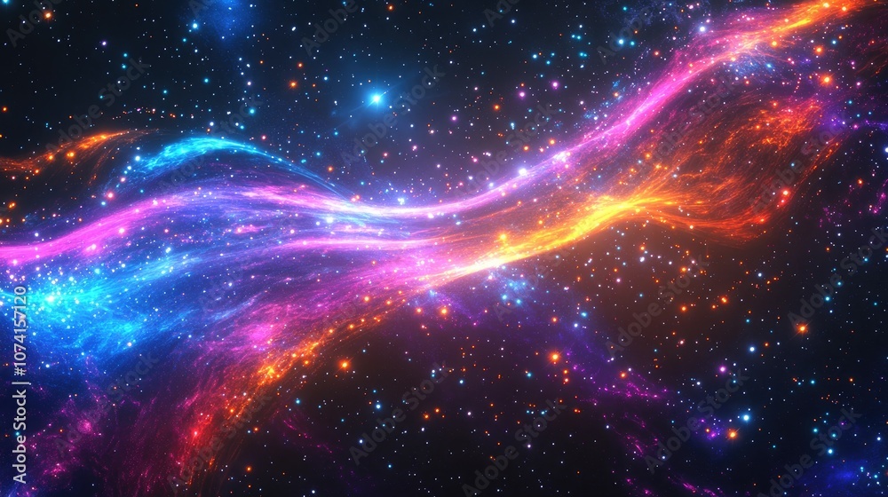 Obraz premium Dark retro futuristic neon abstraction featuring a cosmic theme with a 3D starry sky and a glowing galaxy backdrop