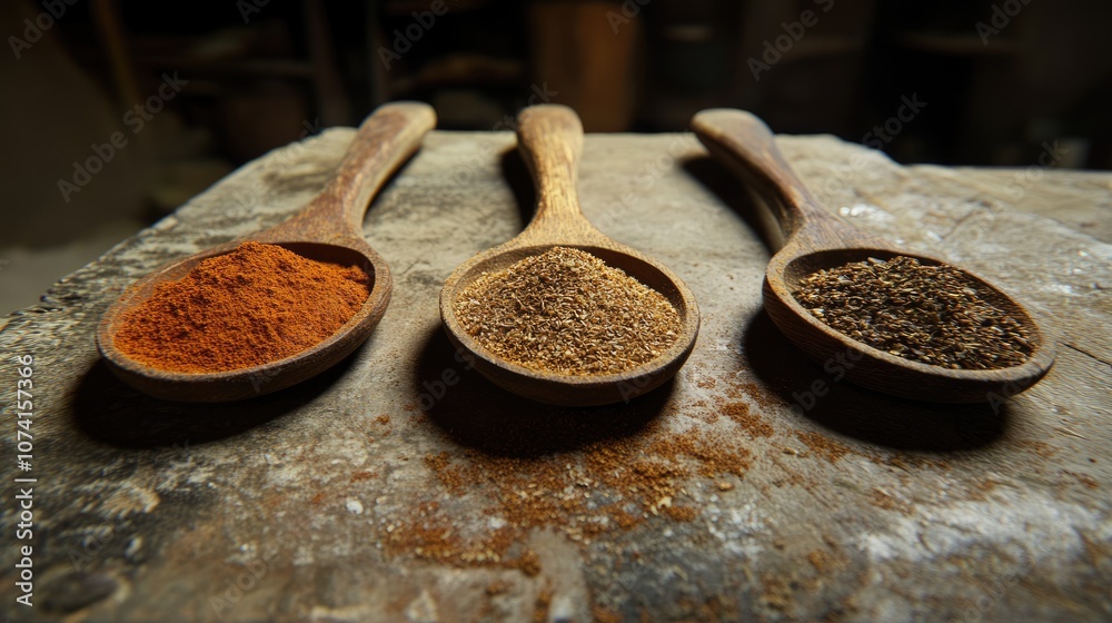 Wooden Spoons Filled With Colorful Spices on Rustic Wooden Surface, Showcasing Rich Textures and Earthy Tones for Culinary Inspiration and Food Photography Wooden Spoons Filled With Colorful Spices on Rustic Wooden Surface, Showcasing Rich Textures and Earthy Tones for Culinary Inspiration and Food Photography