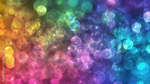 Multicolored bokeh circles create a glamorous abstract background filled with shimmering particles