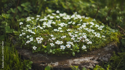 A cluster of small white flowers growing on a mossy rock.