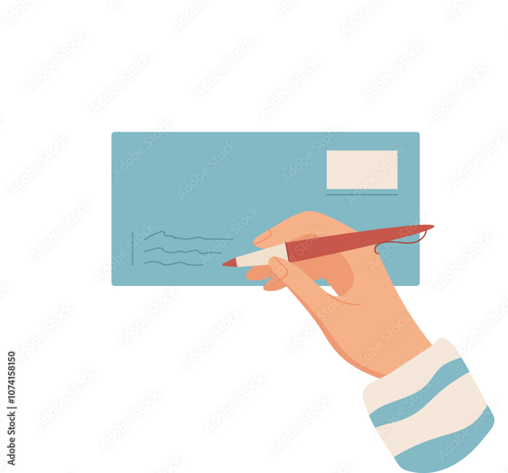 Hand holding a pen, writing a message on flat envelope. Creative correspondence and card for sending mail. Concept of communication, love, and personal touch in written notes. Hand holding a pen, writing a message on flat envelope. Creative correspondence and card for sending mail. Concept of communication, love, and personal touch in written notes.