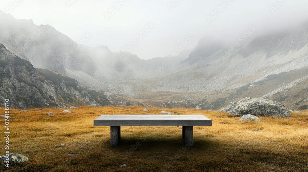 Minimalist wooden table nestled in mountain grass, mist rolling through surrounding peaks and valleys Minimalist wooden table nestled in mountain grass, mist rolling through surrounding peaks and valleys