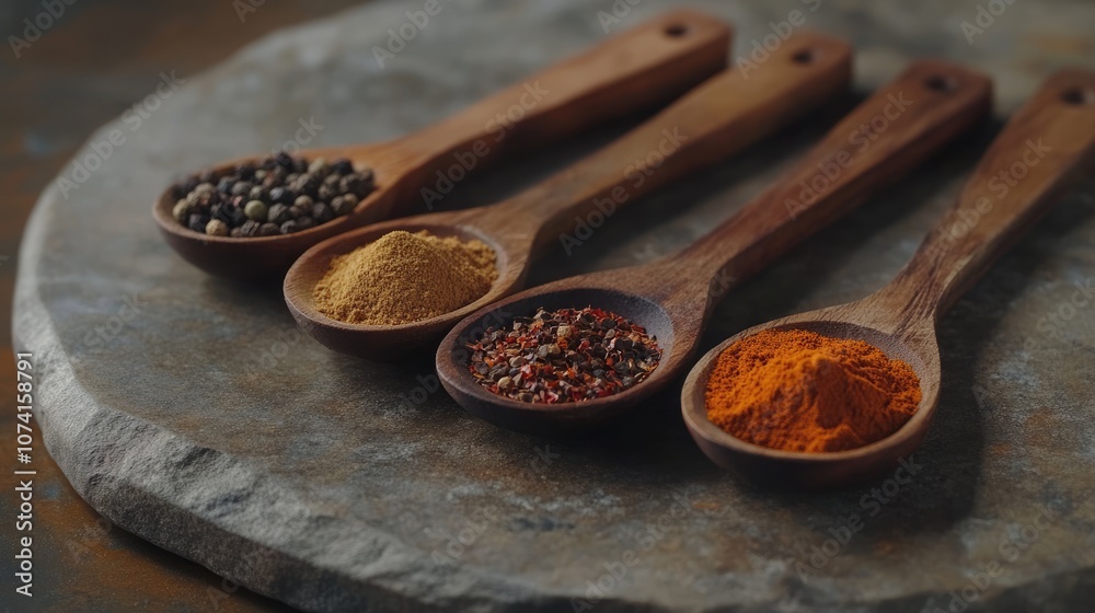 Assorted Spices Displayed on Wooden Spoons Showcasing Varied Textures and Colors Against a Rustic Stone Background Perfect for Culinary Photography Assorted Spices Displayed on Wooden Spoons Showcasing Varied Textures and Colors Against a Rustic Stone Background Perfect for Culinary Photography