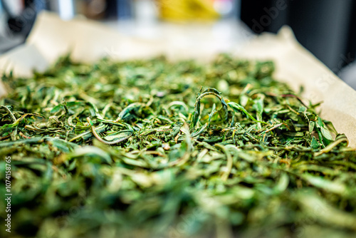 Willowherb herb fireweed leaves for tea plant called Ivan Chai in Russia in tray after drying