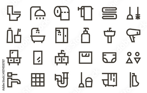 Bathroom toilet Icons Set. Vector minimalist geometric line design for hygiene, sanitary ware, WC,  Home interior Design