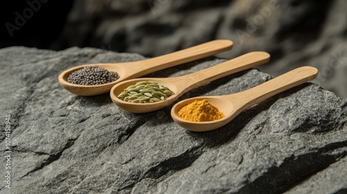 Natural Spices on Wooden Spoons Displayed on a Stone Surface, Featuring Mustard Seeds, Fennel Seeds, and Turmeric Powder for Culinary Inspiration and Cooking Uses photo