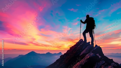 Hiker Silhouette on Colorful Mountaintop at Sunset