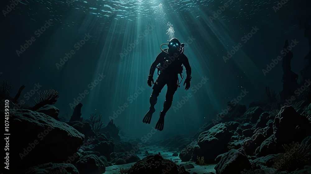 A diver immersed in the deep ocean water navigates through coral formations while light beams pierce the surface highlighting the serene surroundings
