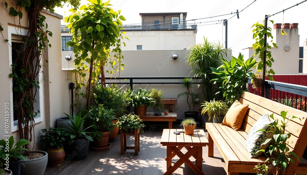 Fototapeta premium Cozy Seating Area Surrounded by Lush Greenery on Rooftop Garden